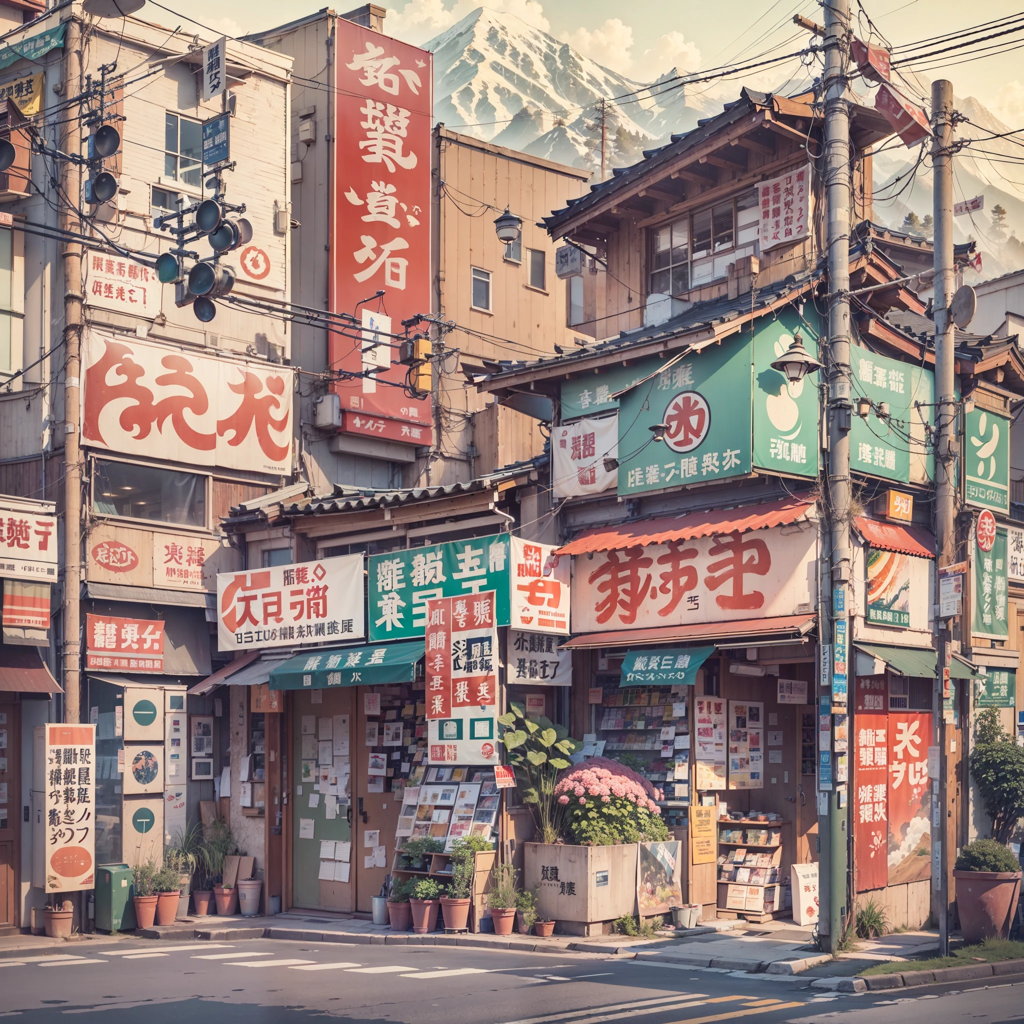 anime background, anime wallpaper, anime, anime style, lofi, lofi style, modern japanese street, mountains, uphill, modern japanese architecture, japanese convenience store, big retro japanese shop signs, retro japanese store, trees, plants, rocks, plant pots, shop signs, japanese banners, japanese signs, flags, empty street, no one in sight, (no one: 1), best quality, wide view, street going uphill, buildings tight together,