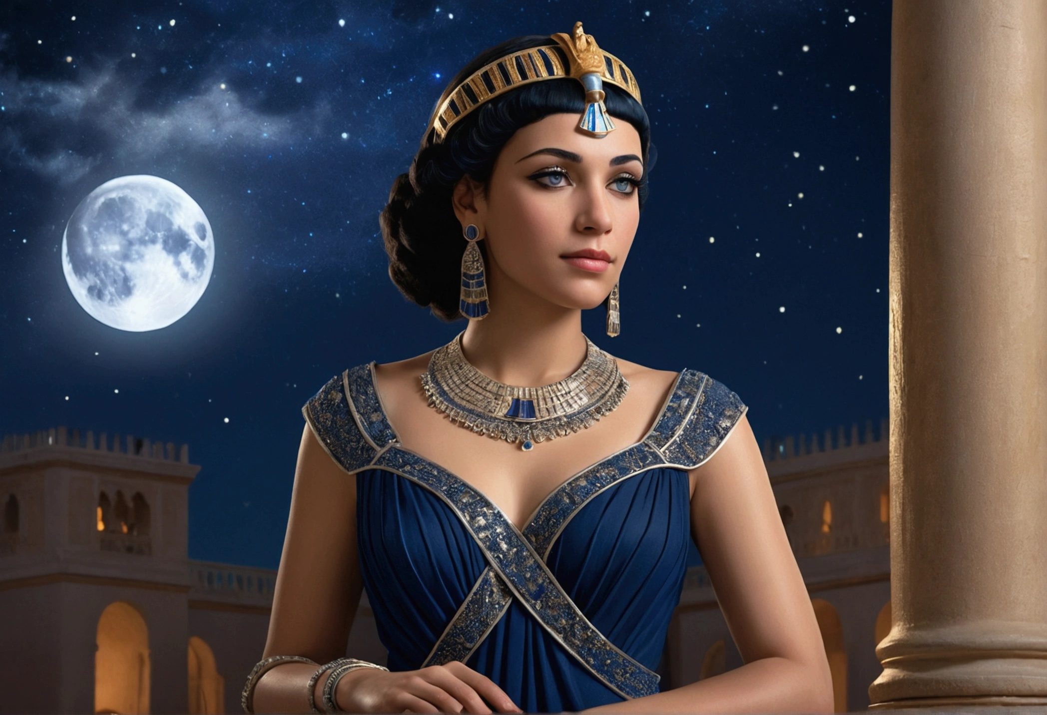 Cleopatra Under the Stars: Cleopatra, in a midnight blue gown adorned with silver accents, gazes at the night sky from a palace balcony. The starry backdrop and gentle moonlight add a sense of mystique. [Photorealistic portrait, inspired by historical paintings, vibrant 3D render].