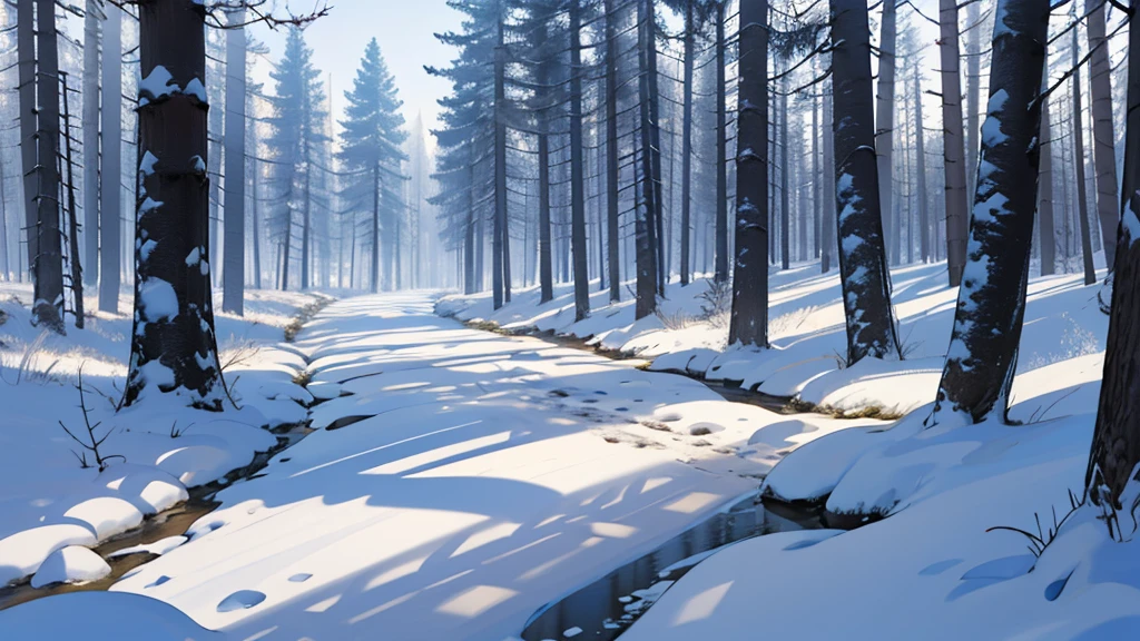 High level of image quality、Bright，clean，forest，Snow Scene，footprint，cartoon，Empty scene