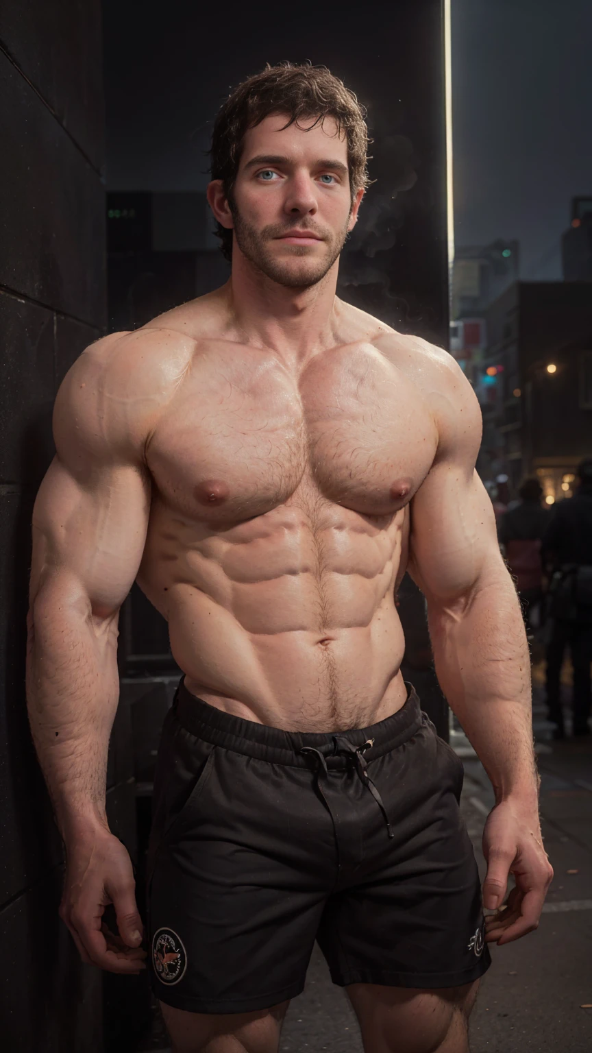 masterpiece, remove noise, empty noise, A man, Best Quality, 8k resolution, male focus, Focus only, amazing composition, volumetric lighting, Super quality, elegant, Very detailed, dark room, a light, (((Front view))), body turned forward, -----------, 35 years old, Madurese way, muscular, Skinny body, Caucasian, ((((White skin)))), elegant, (Detailed light blue eyes), Light brown hair, big ears, ((((hairy pecs, thick, abundant hair on the chest)))), ((((Pale skin)))), (((Medium long beard))), (((((Jim Sturgess, Russell Tovey))))), ------------, ((wearing big black shorts)), (((shirtless))), (((big pink nipples))), ((perky nipples)), ((hands rubbing pecs)), ((Session, legs open))