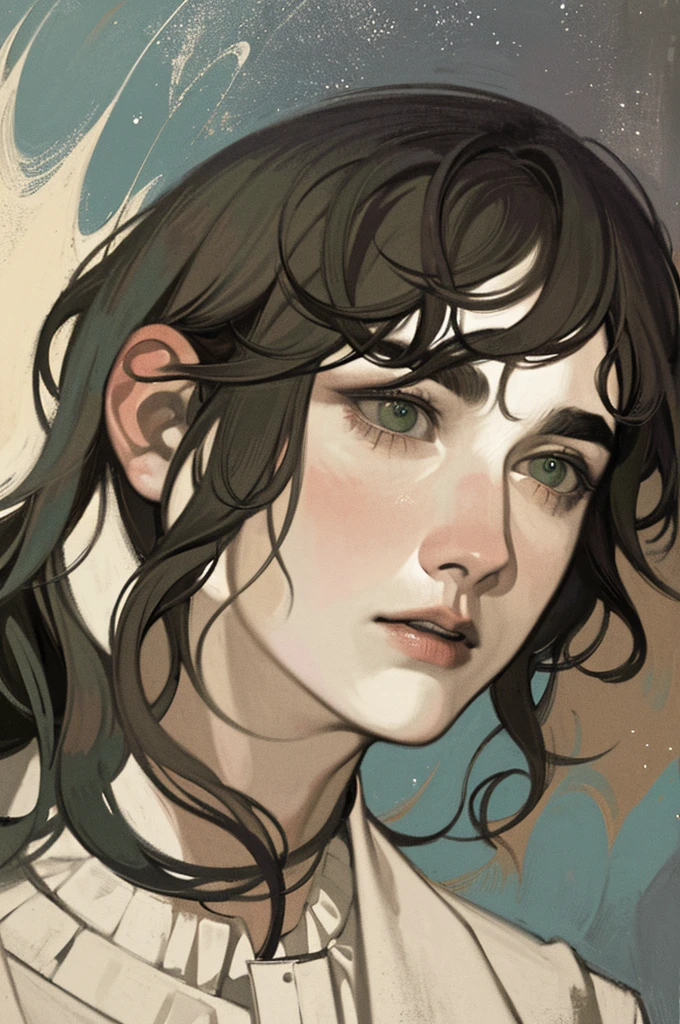 (high resolution, Extremely detailed), (1 male, Solitary, aldult, Mature, grown up,man,Broad shoulders, Handsome), Wavy Hair, Green Eyes, (Angle jaw, Thick neck, Thick eyebrows),Starry abstract background, fantasy, , Extremely detailed face, Upper Body,