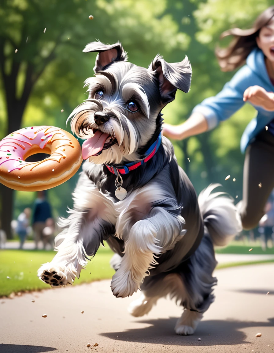 Two dogs jumping to catch a flying donut, Salt and pepper color、Long beard、（Miniature Schnauzer）、Trying to take a big bite, Very detailed, Beautiful park background, Dynamic Action, Dramatic Motion Blur, Realistic, 8k, Very detailed, Vibrant colors, Professional photography