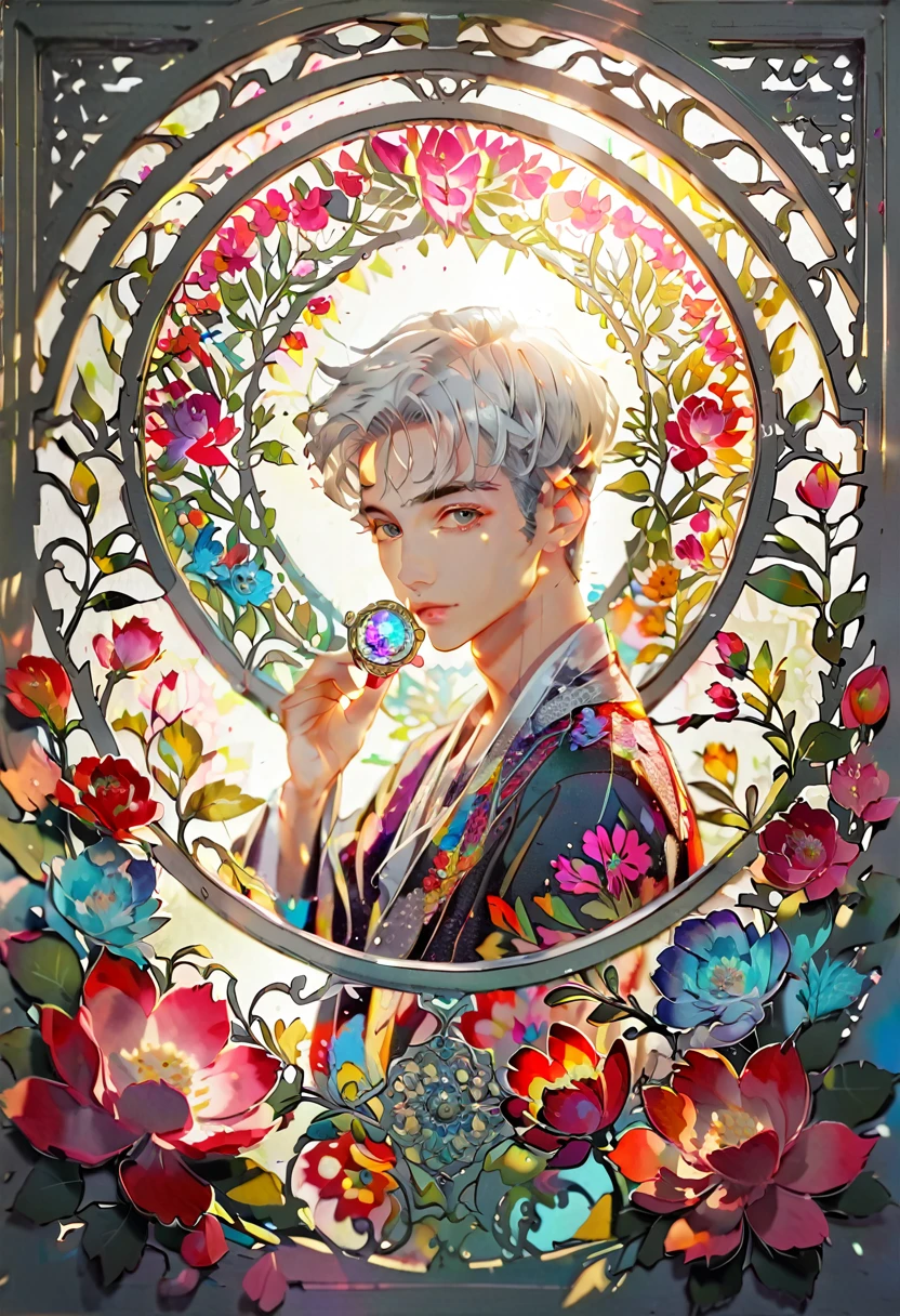 (((paper cutting style))), Beautiful young man, short silver hair,kaleidoscope ,Reflected light , 