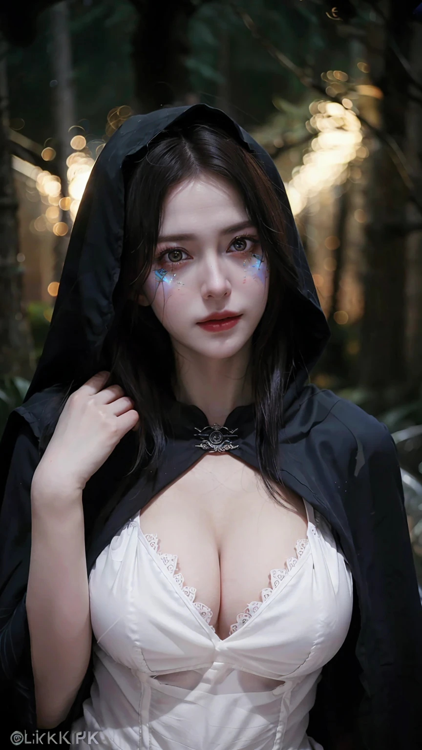 1 Girl, Beautiful, , 20 Years Old, White Skin, Colossal Breasts, Sexy Pose, ((She Wearing A Darkness Witcher Cosplay Costumes)), Witch Make Up, Witch Cloak, Blue Eye, Muscles, Bokeh, Darkness Forest Background, Masterpiece, Dark Magic, Night Scene, Foggy, Heavy Storm, Surrounded by Evil Spirits, ((bokeh:1.2))