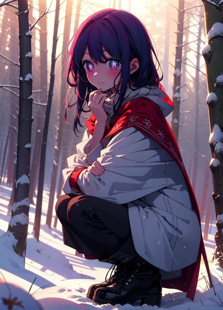 aihoshino, Ai Hoshino, Long Hair, bangs, (Purple eyes:1.1), Purple Hair, (Symbol-shaped pupil:1.5), smile,,smile,blush,white breath,
Open your mouth,snow,Ground bonfire, Outdoor, boots, snowing, From the side, wood, suitcase, Cape, Blurred, , forest, White handbag, nature, Squat, Mouth closed, Cape, winter, Written boundary depth, Black shoes, red Cape break looking at viewer, Upper Body, whole body, break Outdoor, forest, nature, break (masterpiece:1.2), Highest quality, High resolution, unity 8k wallpaper, (shape:0.8), (Beautiful and beautiful eyes:1.6), Highly detailed face, Perfect lighting, Highly detailed CG, (Perfect hands, Perfect Anatomy),