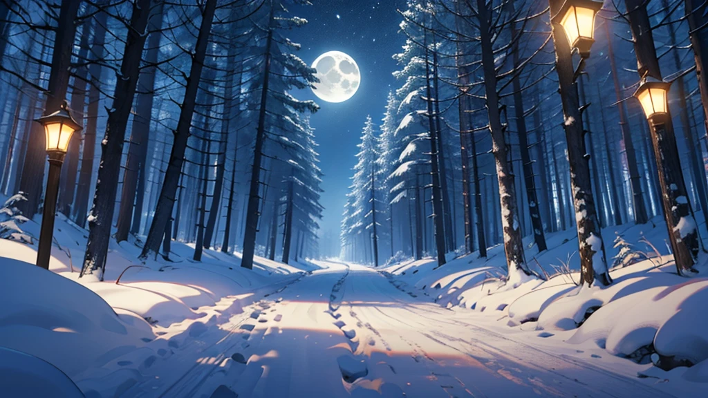High level of image quality、Bright，clean，forest，Snow Scene，footprint，cartoon，Empty scene，night，Night，moon