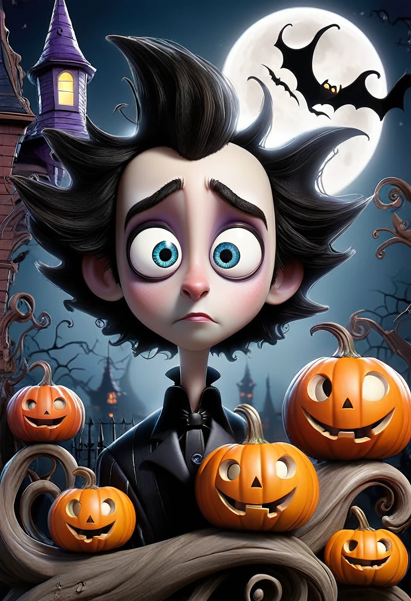 Tim Burton style,Top quality:1.2, super detailed, well-contoured, Pixar style, ((Halloween poster)), eye-catching, "Halloween!" Characters, masterpieces