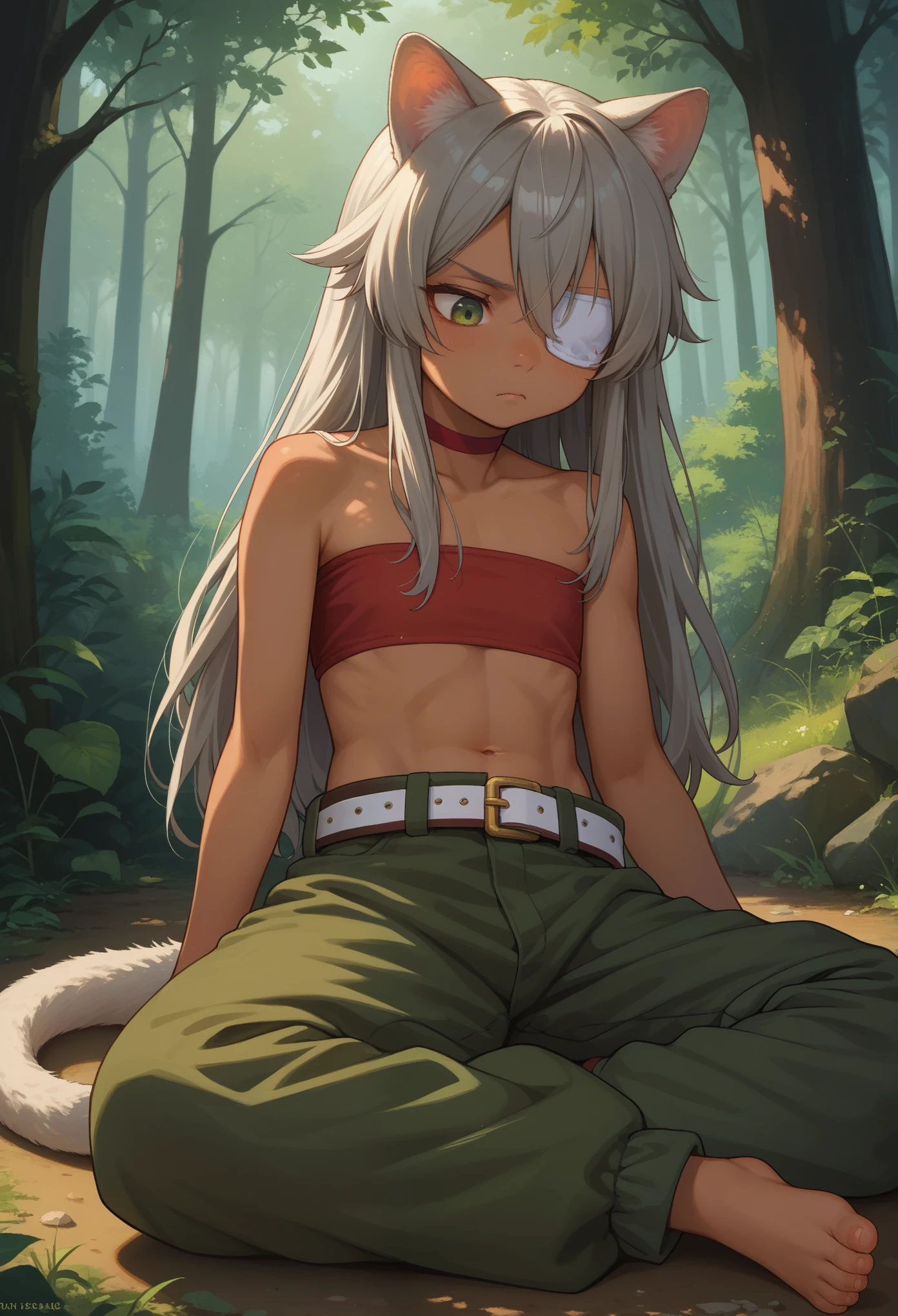 score_9, score_8_up, score_7_up, 1girl, solo, (kid:1.2), kid, flat chest, ghislainedef, (dark skin),long hair, gray hair, tail, white eyepatch,, animal ears, red bandeau, green pants, open pants, red choker, belt, sitting on ground, sad, pouting, ((oversized pants:1.2)), looking down, forest