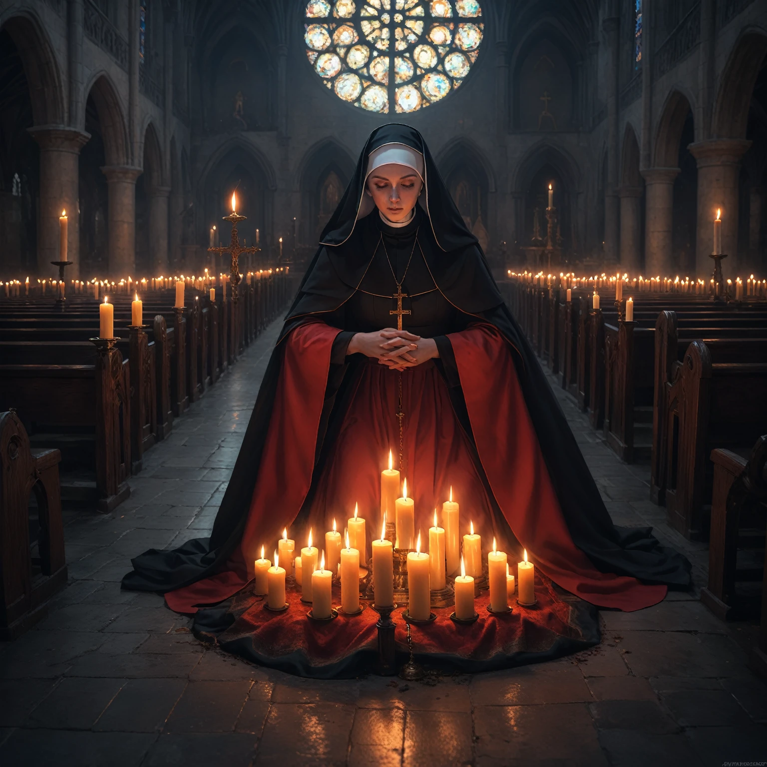 arafed image of a nun sitting in a church with candles, dan mumford tom bagshaw, inspired by Jakub Schikaneder, holy fire spell art, inspired by Andreas Rocha, by Eddie Mendoza, guillem h. pongiluppi, holy inquisition, priest, in an ancient altar, on the altar, bussiere rutkowski andreas rocha
