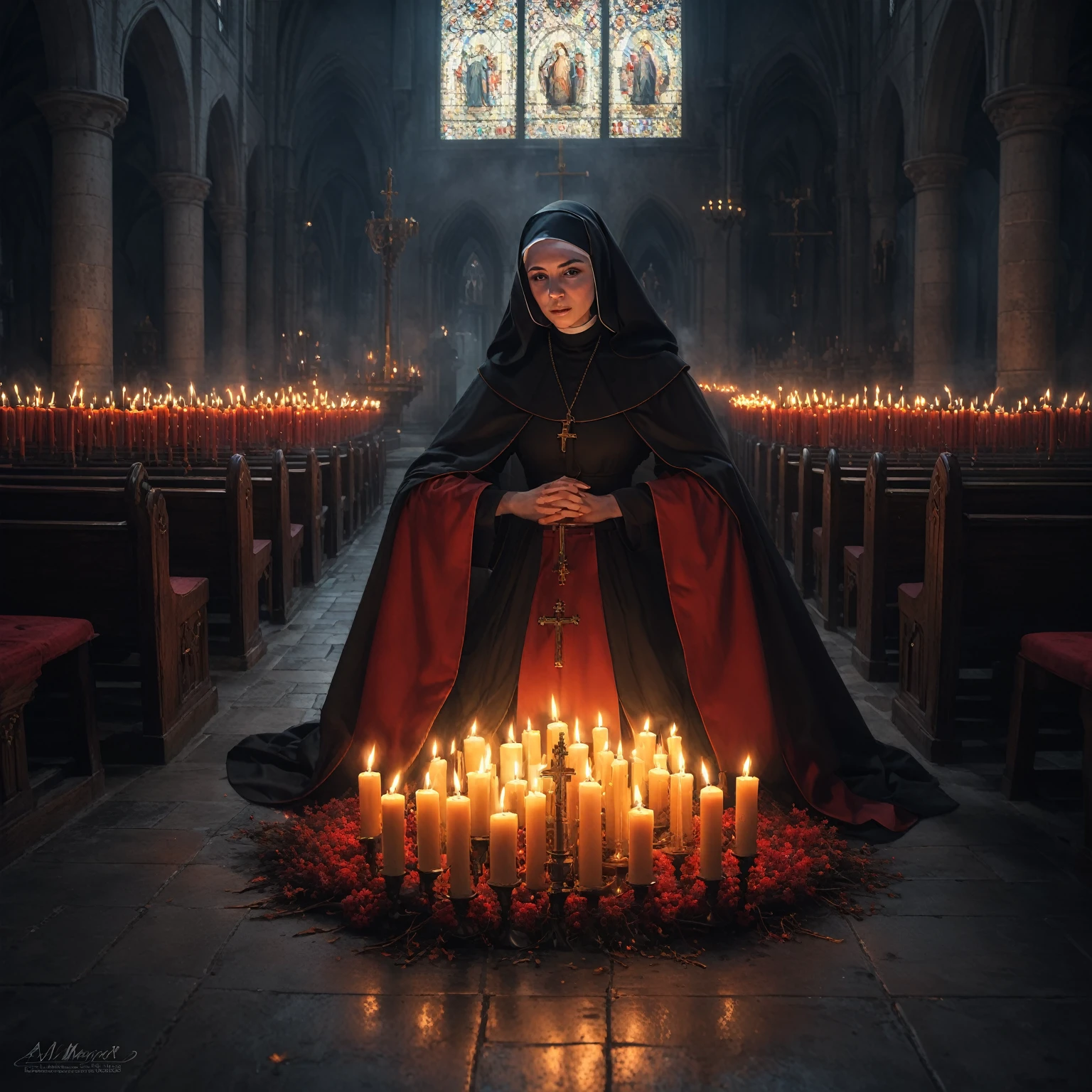 arafed image of a nun sitting in a church with candles, dan mumford tom bagshaw, inspired by Jakub Schikaneder, holy fire spell art, inspired by Andreas Rocha, by Eddie Mendoza, guillem h. pongiluppi, holy inquisition, priest, in an ancient altar, on the altar, bussiere rutkowski andreas rocha