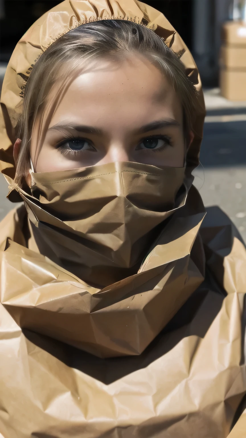 a hot sexy young blonde gagged woman wearing a makeshift smock made of brown paper garbage bags printed with the word "I AM TRASH" is sitting  on the curb with the other trash, she is completely wrapped up from head to toe in brown packaging paper like a helpless human package, forced against her will , bright day, close-up, highly detailed photo, extremely photorealistic photo, 