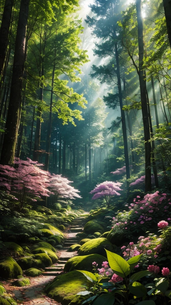  A dense forest with tall trees and colorful flowers. Sunlight filters through the leaves, creating a magical atmosphere.