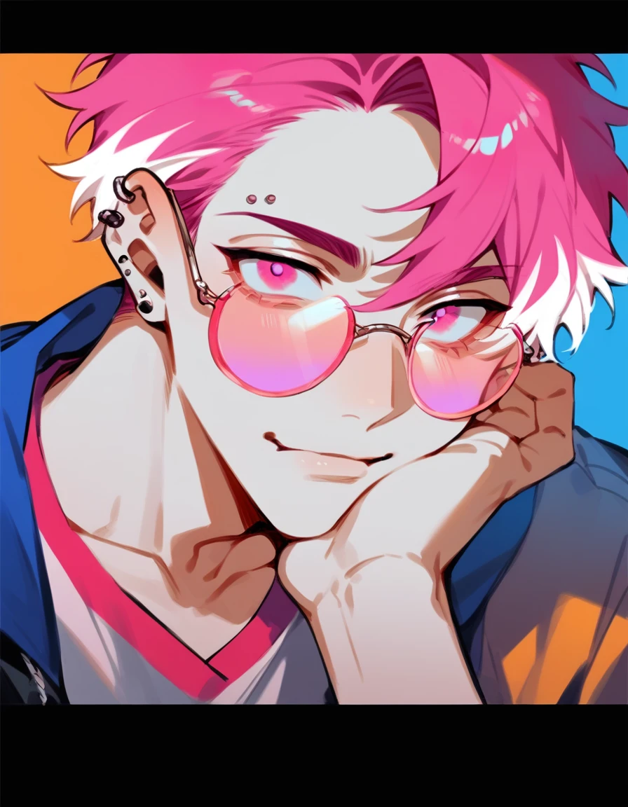 a young man with medium pink hair and some white highlights, UP TO THE NECK, piercings na orelha, hot pink eyes, wearing short clothes. your chin rests under your hands in a perverted way. the pink, red and orange are colors present in her sexy and short outfit, next to glasses with clear and pink lenses Male gender