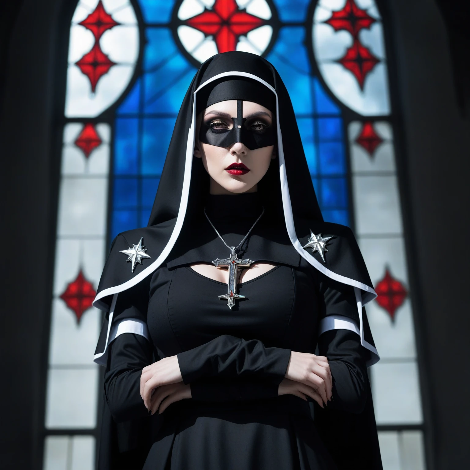 arafed nun in black with a star and cross on her chest, nun fashion model, nun, cyberpunk nun warrior, vampire nun, an evil nun, nun outfit, killy from blame!, dark priest, inspired by Li Chevalier, nun fashion model looking up, holy inquisition, majestic saint woman, holy crusader, cosplay photo, priest