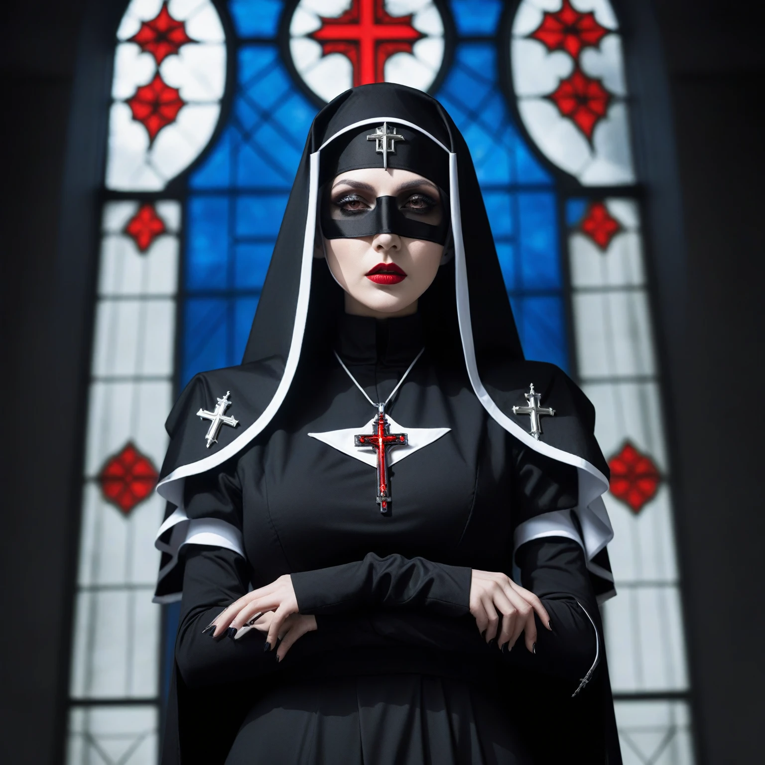 arafed nun in black with a star and cross on her chest, nun fashion model, nun, cyberpunk nun warrior, vampire nun, an evil nun, nun outfit, killy from blame!, dark priest, inspired by Li Chevalier, nun fashion model looking up, holy inquisition, majestic saint woman, holy crusader, cosplay photo, priest