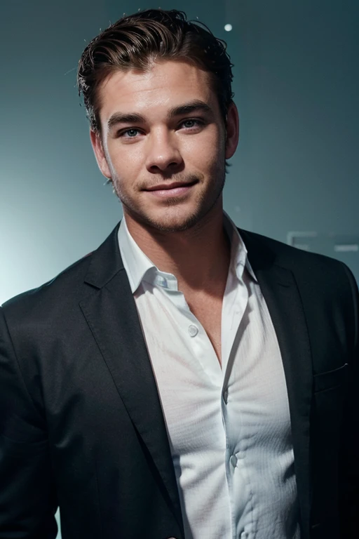 A square faced young men with chris hemswort extraction hairstyle and a confident smile he is dress a black blazer over a white shirt and glass on eyes A man is positioned against aqua colour backdrop with a subtle red lighting of the rate site and posing for linkedin profile