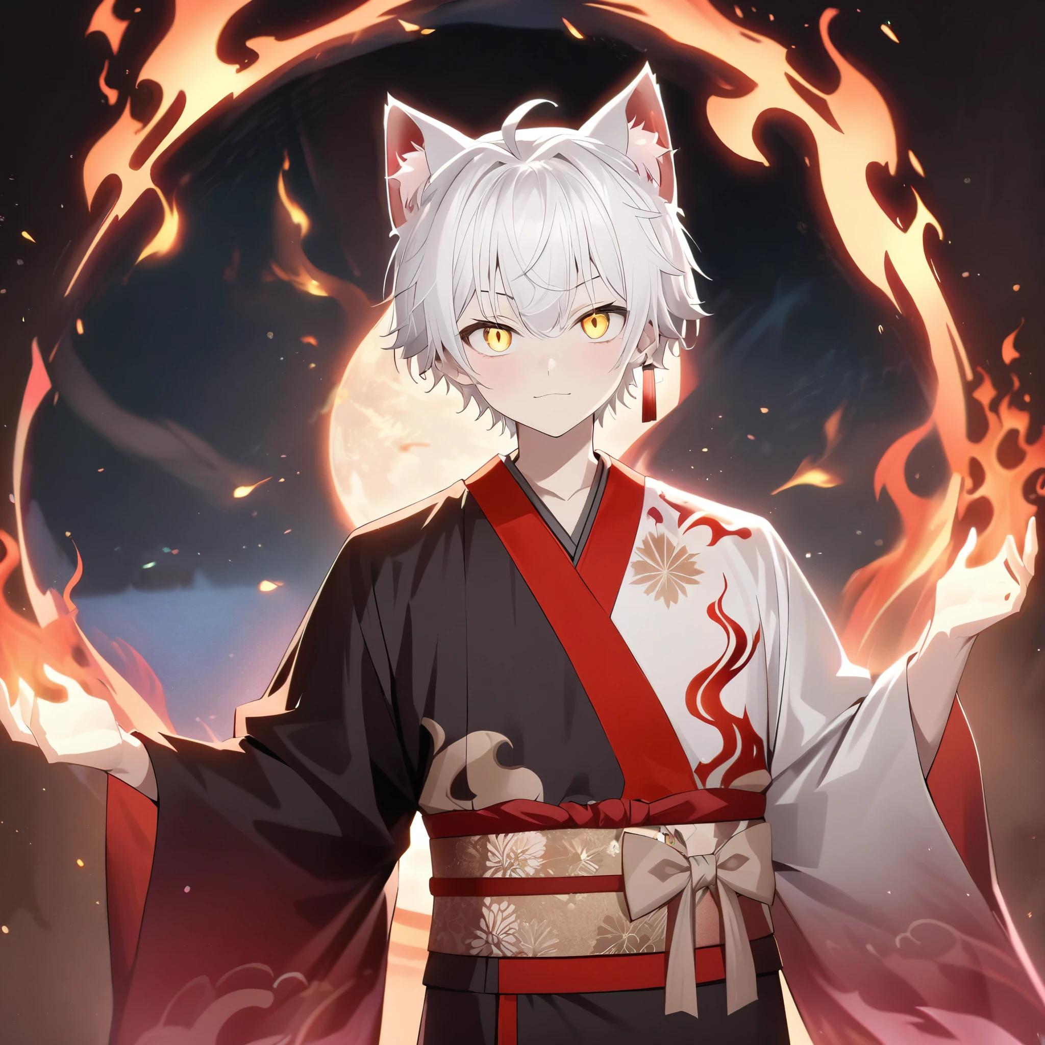 cat_boy,1boy,male focus, animal ears,white hair,single long lock,((split color kimono)),(white kimono),(black kimono),(red lapel),ahoge,yellow eyes,dot nose,closed mouth,happy,red single earring,obi,red sash,beige bow,print kimono,beautifl hands,striking visuals,glowing,layered silhouettes, depth and dimension, creative expression,Flame art, translucent forms, ephemeral beauty, Flame textures,looking at viewer,using magic, Hand Raised with Red Magic Around It, shining eyes,((dynamic pose)),dynamic angle,fire element,composed of fire elements,hoshinoai