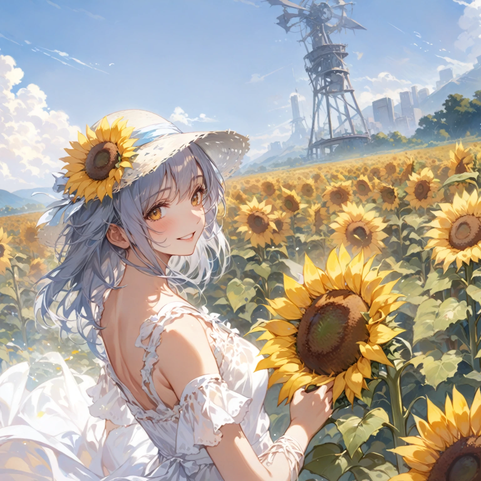 score_9_up, score_8_up, score_7_up, source_anime,masterpiece, best quality, high resolution, extremely detailed CG, absurdres, highres, Landscape, Early Summer, A young girl wearing a straw hat and a simple summer dress stands holding a sunflower at the corner of an endless field of sunflowers, there is a huge abandoned machine in the distance, blue sky and white clouds, smile, close mouth, looking at viewer, ((apocalypse)),perfect anatomy,very aesthetic,good_hands