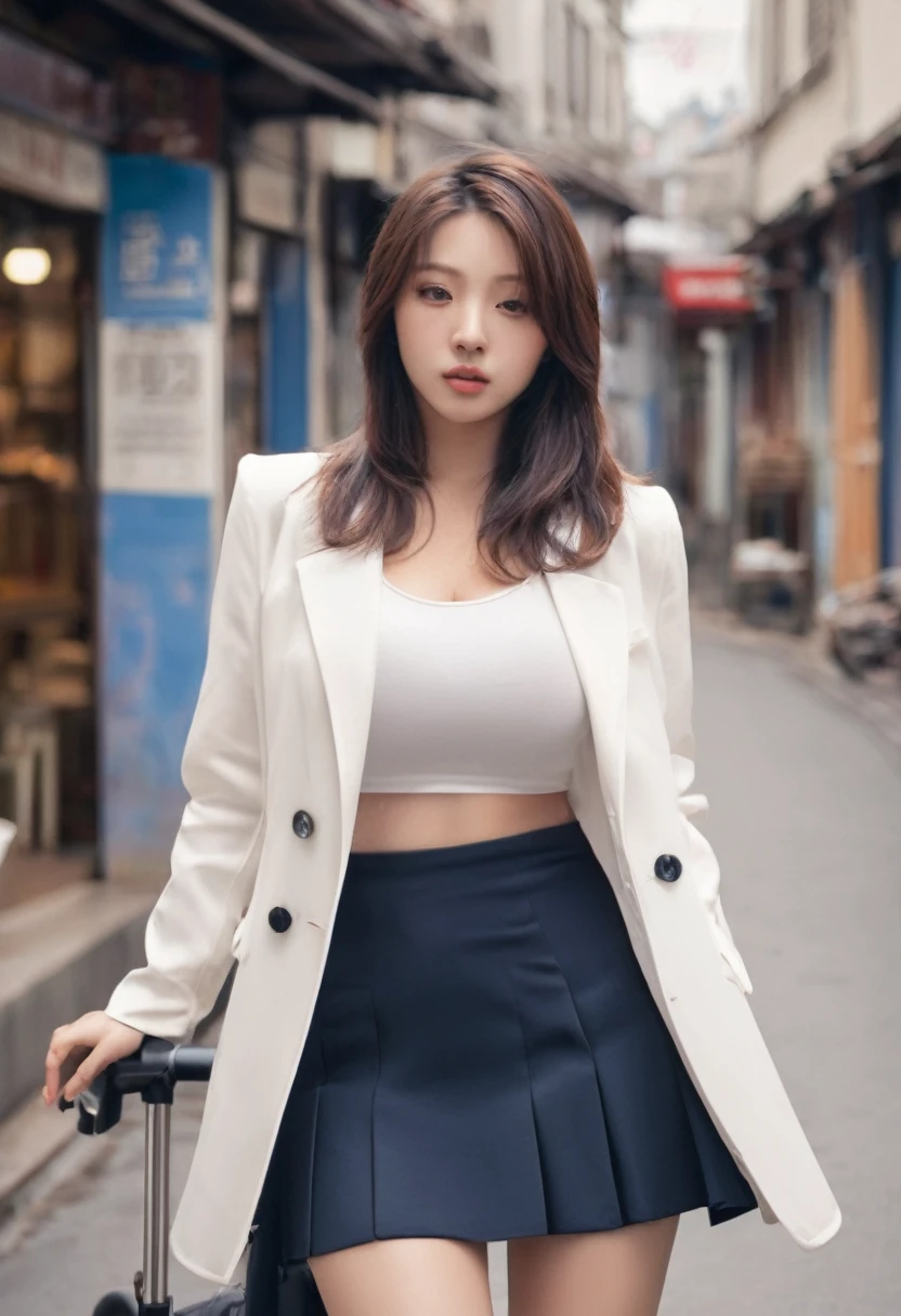 asian woman, (masterpiece), (best quality, ultra detailed, absurdists:1.5), 1fille, ((corps plein)), full body, (sexly, lovely woman, visage parfait, yeux parfaits, long hair, yeux blues, Corps féminin parfait:1.5), (vue de dos, bust leaning towards the ground), ((bare breasts)), ([noir, rot, violet, bleu, white] blazer, ((an open shirt,)) ((mini skirt)), thigh highs, strollers, ), thick thighs, (tout le corps, debout, En plein air, Cour)), perfect lighting, smooth, highest details, ((big full tits)), ((big boobs)), ((BIG ASS)), 8k, HDR