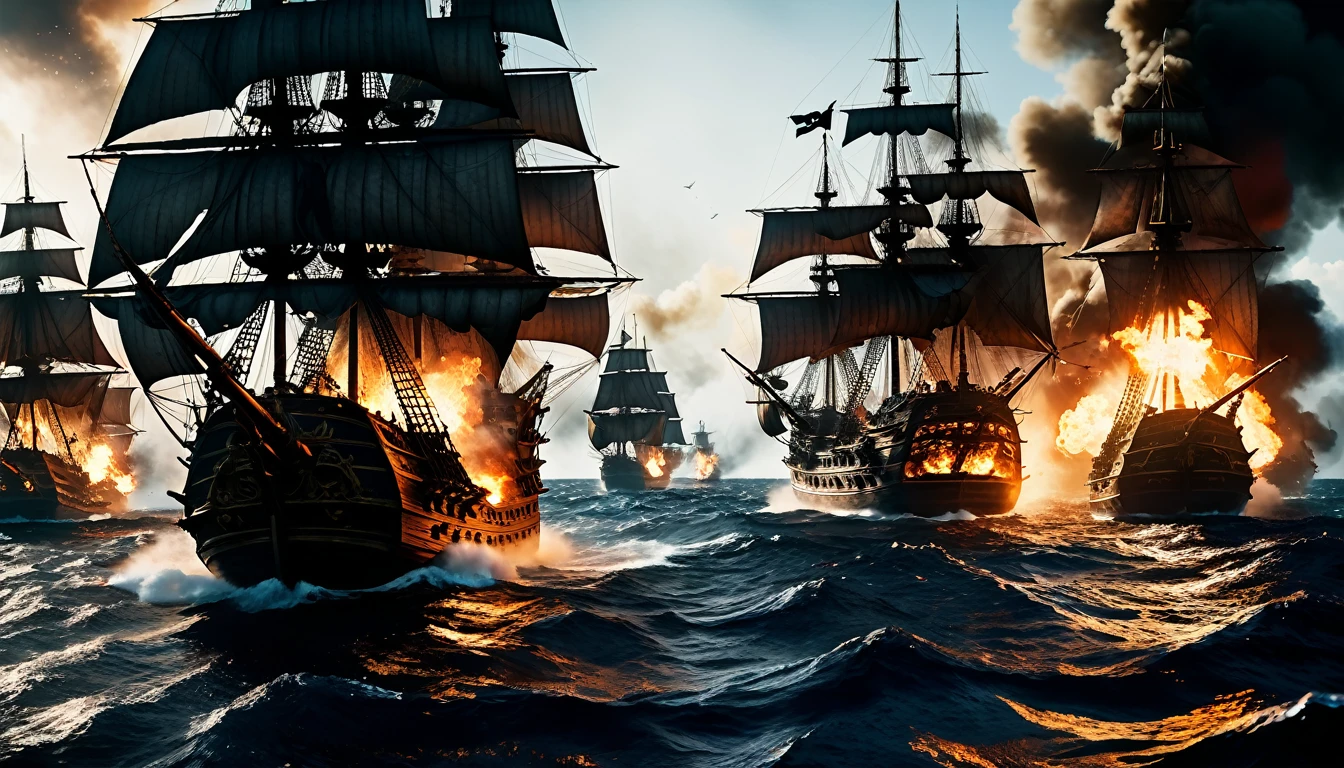 a dramatic cinematic scene of a pirate war, great naval battle in the caribbean during the 18th century, multiple ships shoot each other, with damages, fire, smoke, wounded pirates, dueling pirates fighting with swords and guns, aerial view, (best quality,4k,8k,highres,masterpiece:1.2),ultra-detailed,(realistic,photorealistic,photo-realistic:1.37),dramatic lighting,epic scale,intense action,dynamic composition,moody color palette,chiaroscuro lighting,cinematic framing,high contrast