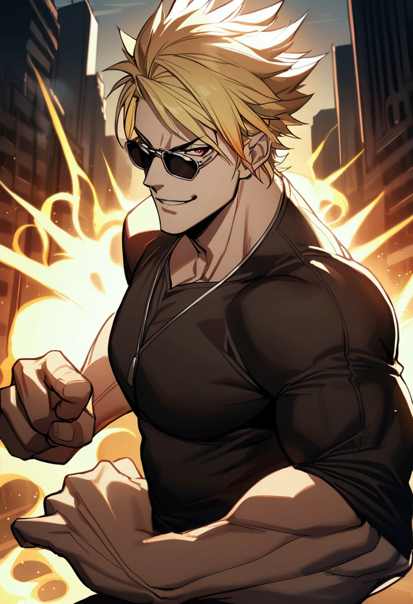 1boy, blonde hair-red gradient, red eyes, have long bangs, spiky hair, long wolf-cut hair, big body, muscle body, white skin, ikemen face, elf ears, sunglasses, black casual outfit, fight pose, smirk, yellow auras