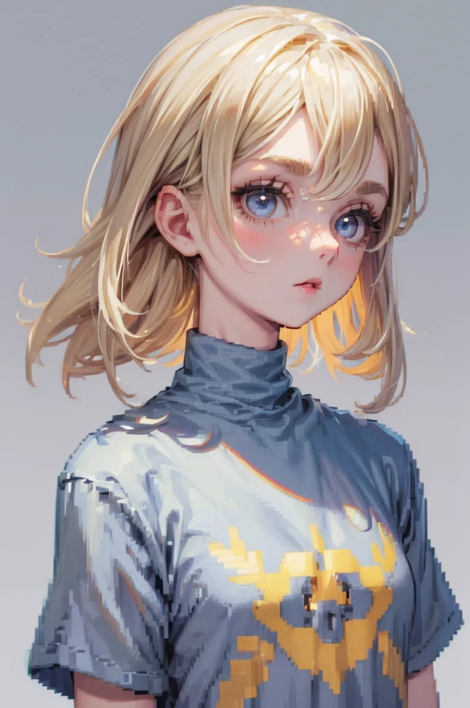 pixeld; pixel art; gold blonde; pale; girl; grey bluish eyes; slightly baggy tshirt; mid length hair; wolfcut; Wolfcut hair; focus on face; transparent background; cute eyelashes; big eyes; pixel style; facing slightly left;