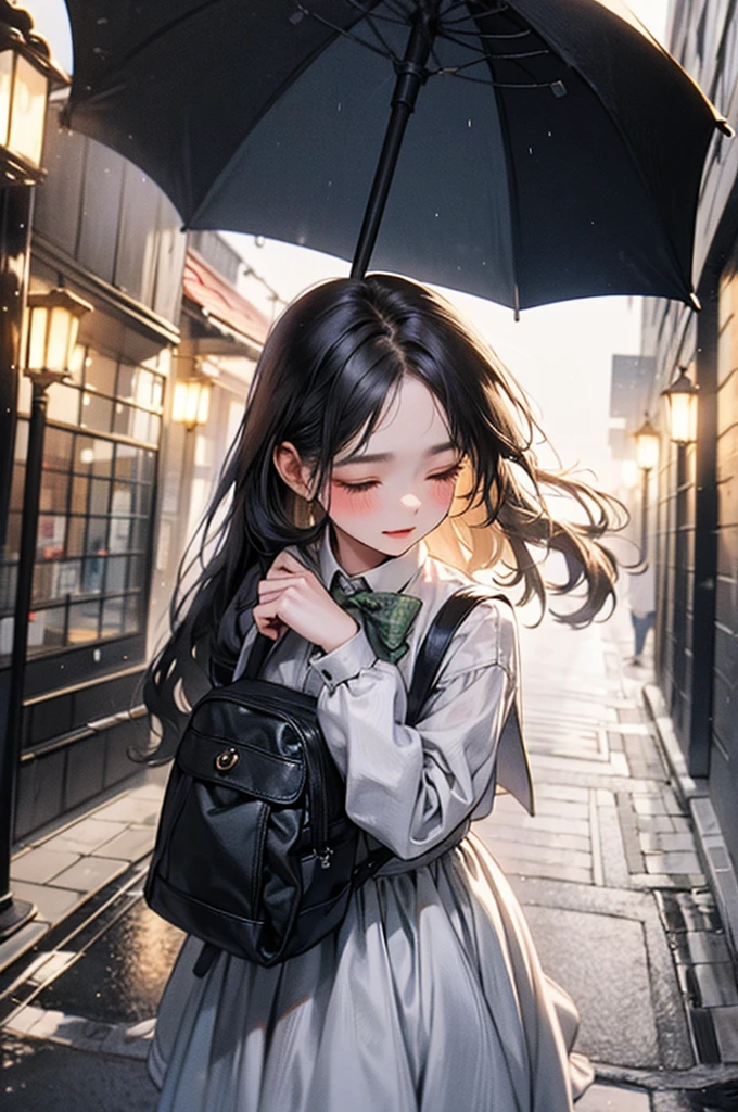 In a picturesque urban setting, the scene unfolds during a gentle rain shower at twilight. A young couple stands intimately close, sharing a clear umbrella that reflects the soft glow of street lamps. The boy, dressed casually in a green jacket and carrying a backpack, tenderly leans in, his forehead touching the girl’s. The girl, in a school uniform consisting of a white blouse and a dark skirt, gazes up at him with closed eyes, her long hair falling gracefully around her shoulders. The surrounding cobblestone street, lined with trees and vintage buildings, adds a touch of nostalgia to the romantic moment. Rain softly falls around them, creating a serene and magical atmosphere, as their shared umbrella shelters them, making them appear to be in their own little world amidst the tranquility of the evening.