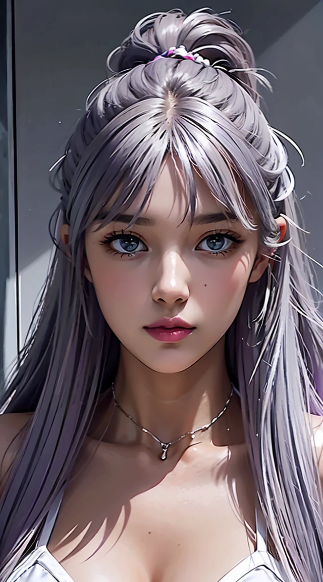 photorealistic, high resolution, soft light,1women, solo, hips up, (detailed face), silver hair, ponytail, grey hair, purple bikini, open jacket, tattoo, jewelry
