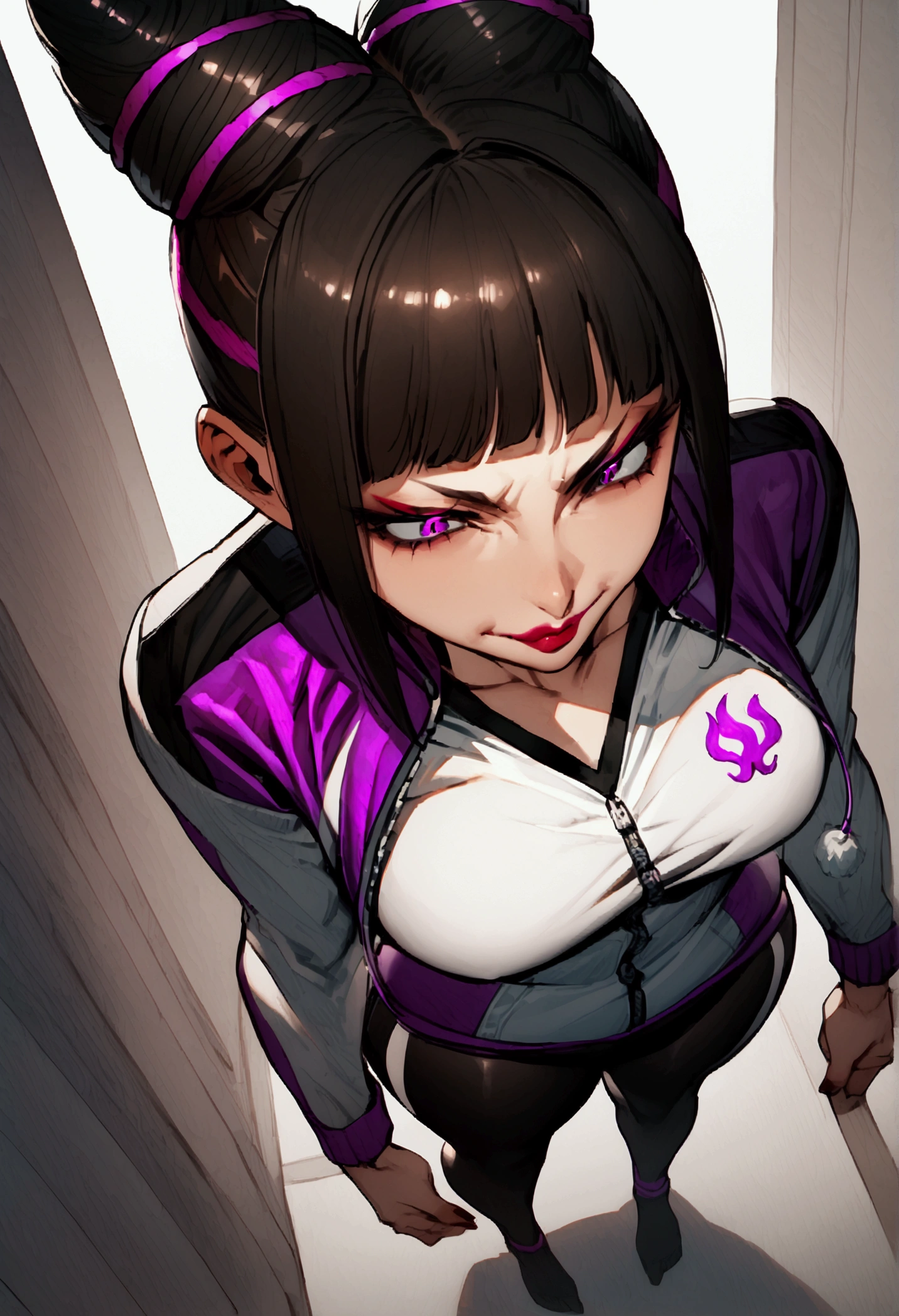 Juri Han,dark eyeshadow,glare eyes,beautiful young fitness woman with , in a gym wearing May with black pantyhose, white and purple fitted gym jacket. standing alone,hair horns,bright purple eyes,Evil smile,legging preto ,lips,dark eyeshadow,glare eyes,head looking down,upward eyes,View from above,upward eyes,head down,evil smile,fully body,curves