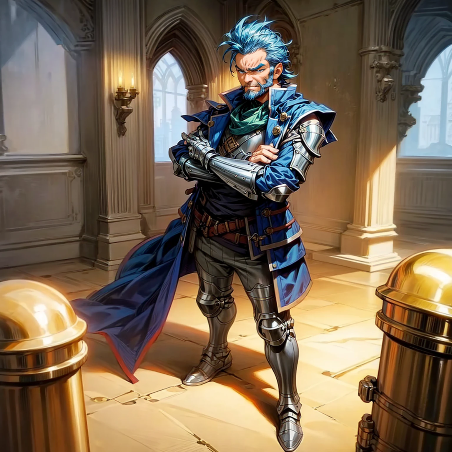 Solo character, full body version, middle aged man, muscle, chin beard, blue eyes, blue color hair, short haircut, (dark skin), soldier clothing, gold heavy armor, boots, indoor, Castle, detailed background, angry eyes, standing gesture