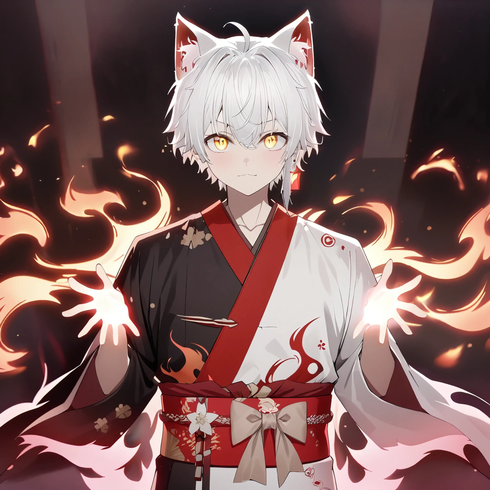 cat_boy,1boy,male focus, animal ears,white hair,single long lock,((split color kimono)),(white kimono),(black kimono),(red lapel),ahoge,yellow eyes,dot nose,closed mouth,happy,red single earring,obi,red sash,beige bow,print kimono,beautifl hands,striking visuals,glowing,layered silhouettes, depth and dimension, creative expression,Flame art, translucent forms, ephemeral beauty, Flame textures,looking at viewer,using magic, Hand Raised with Red Magic Around It, shining eyes,((dynamic pose)),dynamic angle,fire element,composed of fire elements,hoshinoai