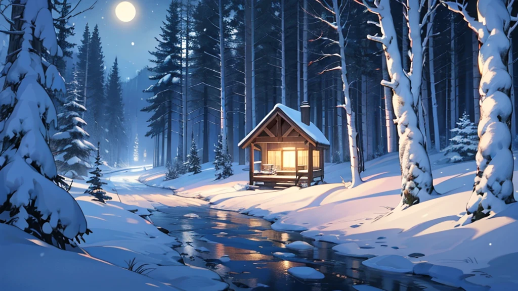 High level of image quality、night，forest，Snow Scene，footprint，cartoon，Empty scene，night，Night