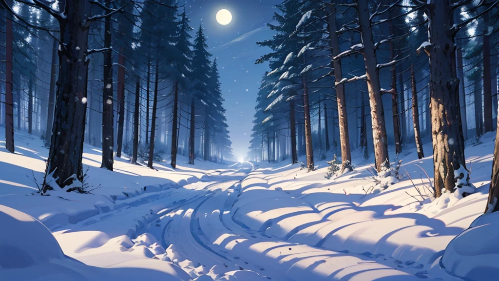 High level of image quality、night，forest，Snow Scene，footprint，cartoon，Empty scene，night，Night