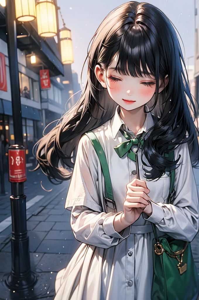 In a picturesque urban setting, the scene unfolds during a gentle rain shower at twilight. A young couple stands intimately close, sharing a clear umbrella that reflects the soft glow of street lamps. The boy, dressed casually in a green jacket and carrying a backpack, tenderly leans in, his forehead touching the girl’s. The girl, in a school uniform consisting of a white blouse and a dark skirt, gazes up at him with closed eyes, her long hair falling gracefully around her shoulders. The surrounding cobblestone street, lined with trees and vintage buildings, adds a touch of nostalgia to the romantic moment. Rain softly falls around them, creating a serene and magical atmosphere, as their shared umbrella shelters them, making them appear to be in their own little world amidst the tranquility of the evening.