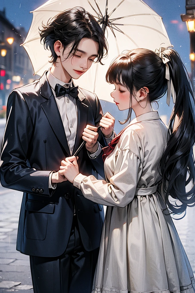In a picturesque urban setting, the scene unfolds during a gentle rain shower at twilight. A young couple stands intimately close, sharing a clear umbrella that reflects the soft glow of street lamps. The boy, dressed casually in a green jacket and carrying a backpack, tenderly leans in, his forehead touching the girl’s. The girl, in a school uniform consisting of a white blouse and a dark skirt, gazes up at him with closed eyes, her long hair falling gracefully around her shoulders. The surrounding cobblestone street, lined with trees and vintage buildings, adds a touch of nostalgia to the romantic moment. Rain softly falls around them, creating a serene and magical atmosphere, as their shared umbrella shelters them, making them appear to be in their own little world amidst the tranquility of the evening.