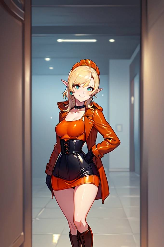 1 girl, ((solo)), long blonde hair, hime cut, aqua eyes, sparkling eyes, crystal earrings, pointy ears, makeup, embarrassed, nervous, nervous smile, full body, ((standing:1.5), spread legs, medium breast, soft breasts, collarbone, hipbones, revelated cloting, ((black sports small bra only)), pencil micro skirt, ((very high waist micro skirt:1.5)), ((orange leather battle micro skirt)), [[yelow battle leather micro skirt]], ((black cycling shorts under micro skirt:1.0)), high boots, knee high boots, high heels, tight thigh high stockings, ((orange stockings)), [[yelow stockings]], long leather gloves, coat, open coat, ((orange coat)), [[yelow coat]], yellow goggles on head, pov, wide shot, depth of field, bright light, concept art, anime, masterpiece, accurate, anatomically correct, high quality, 4K, 8k, high resolution, masterpiece, accurate, anatomically correct, high quality, 4K, 8k, high resolution, medieval fantasy story, genshin impact style, anemo character style