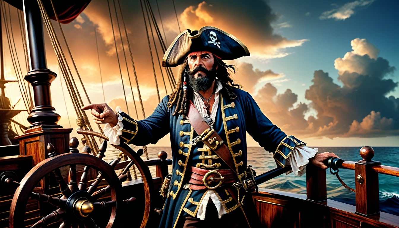 a legendary pirate, Edward Teach, Blackbeard, full body shot, holding the steering wheel of a pirate ship with one hand, pointing to the target of cannon fire with the other hand, naval duel of pirate ships, detailed pirate ship, detailed old and thorn pirate costume, dramatic lighting, cinematic composition, epic scale, moody color palette, dramatic clouds, volumetric lighting, photorealistic, highly detailed, 8k, best quality, masterpiece