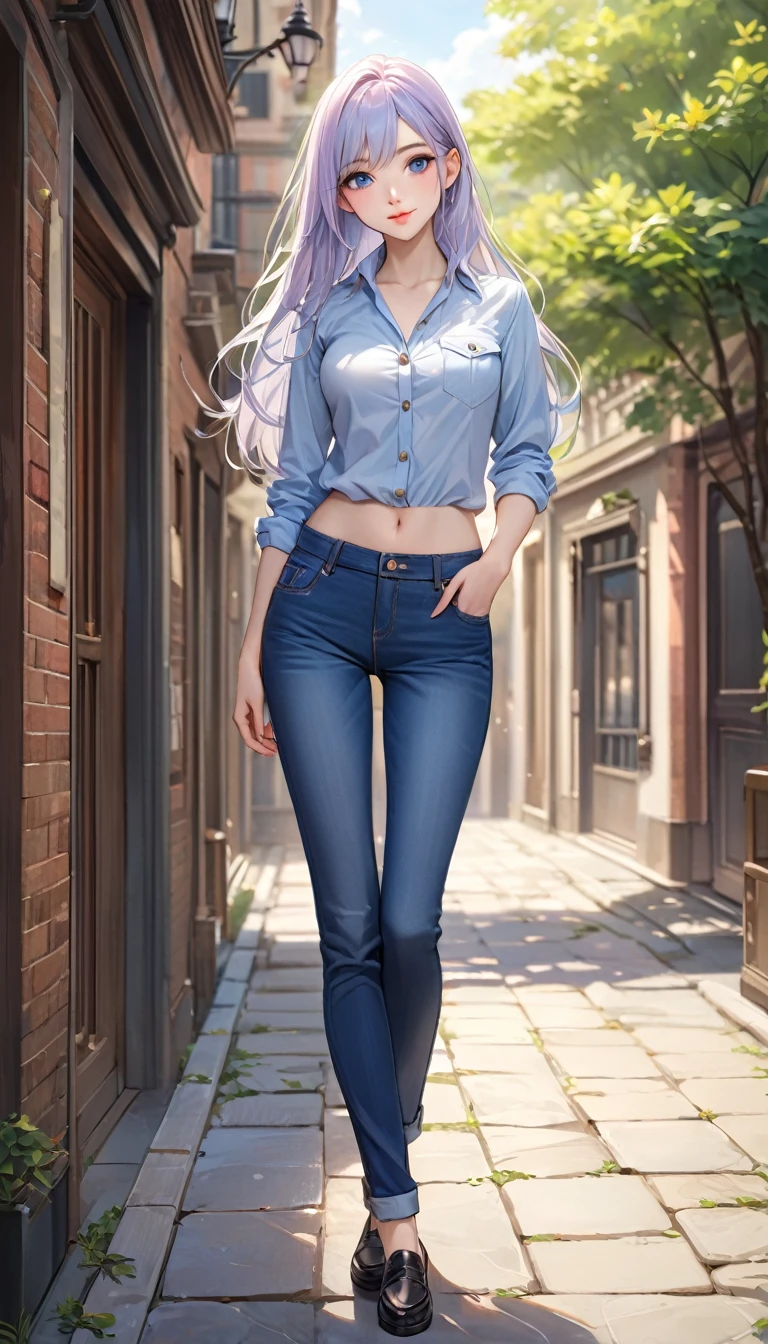 ((best quality, masterpiece:1.3, 8K)), (detailed), highly detailed face and skin texture, detailed eyes, full body, outdoor, (slender body:1.1), 1girl, (solo), (18+ years old), white skin, bright lips, seductive smile, long hair, preppy outfit, medium breast, (jeans pants), 