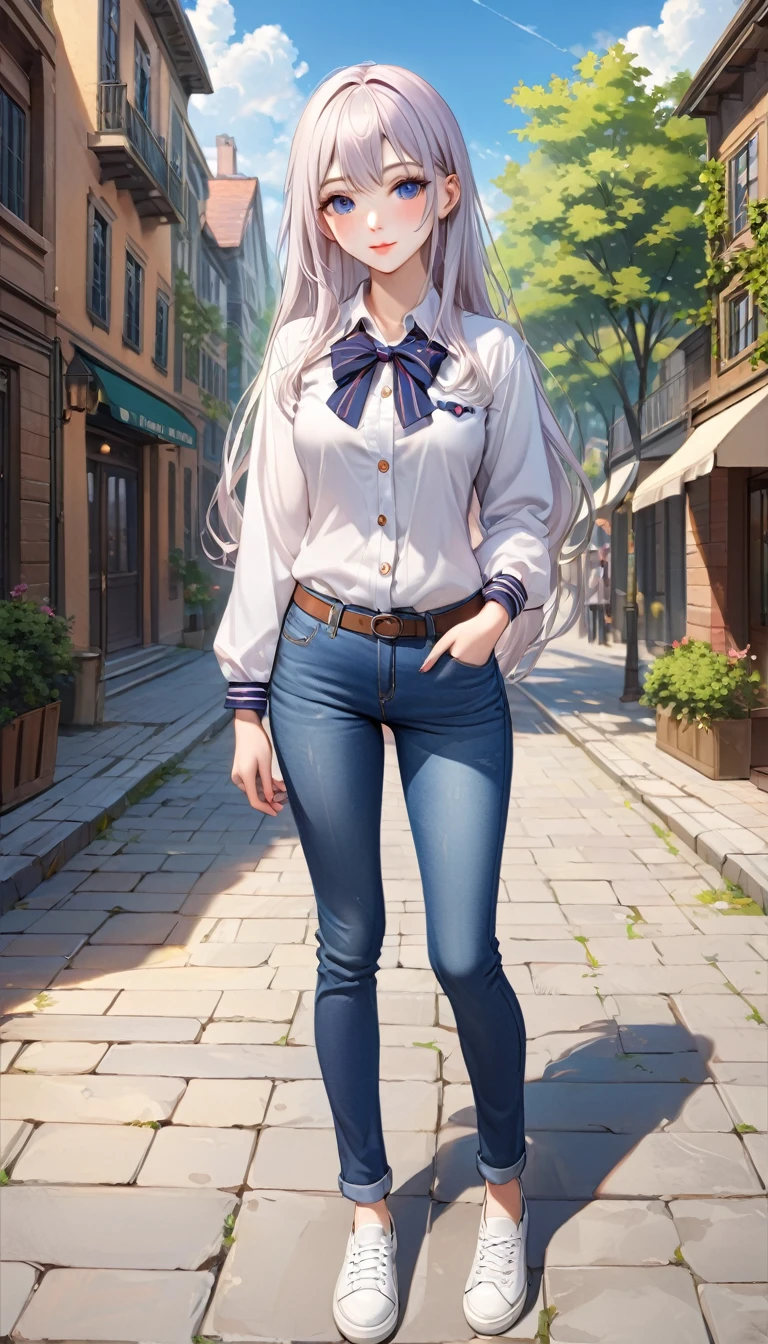 ((best quality, masterpiece:1.3, 8K)), (detailed), highly detailed face and skin texture, detailed eyes, full body, outdoor, (slender body:1.1), 1girl, (solo), (18+ years old), white skin, bright lips, seductive smile, long hair, preppy outfit, medium breast, (jeans pants), 