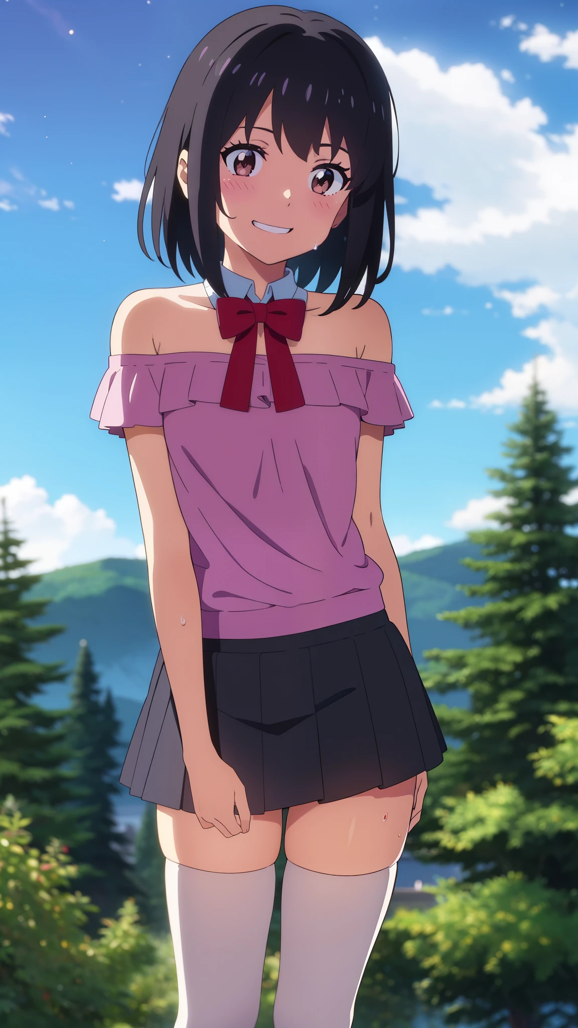 shinkai makoto, kimi no na wa., 1girl, bangs, black hair, blush, brown eyes, perfect face, looking at the viewer, Pink ruffled clothing, off shoulder strapless, miniskirt, detached collar, red ribbon, red bow, mini skirt, black thighhighs, short hair, solo, shinny skin, smile, cute, grin, cloudy, night sky, night background, forest, sweat, (masterpiece), best quality