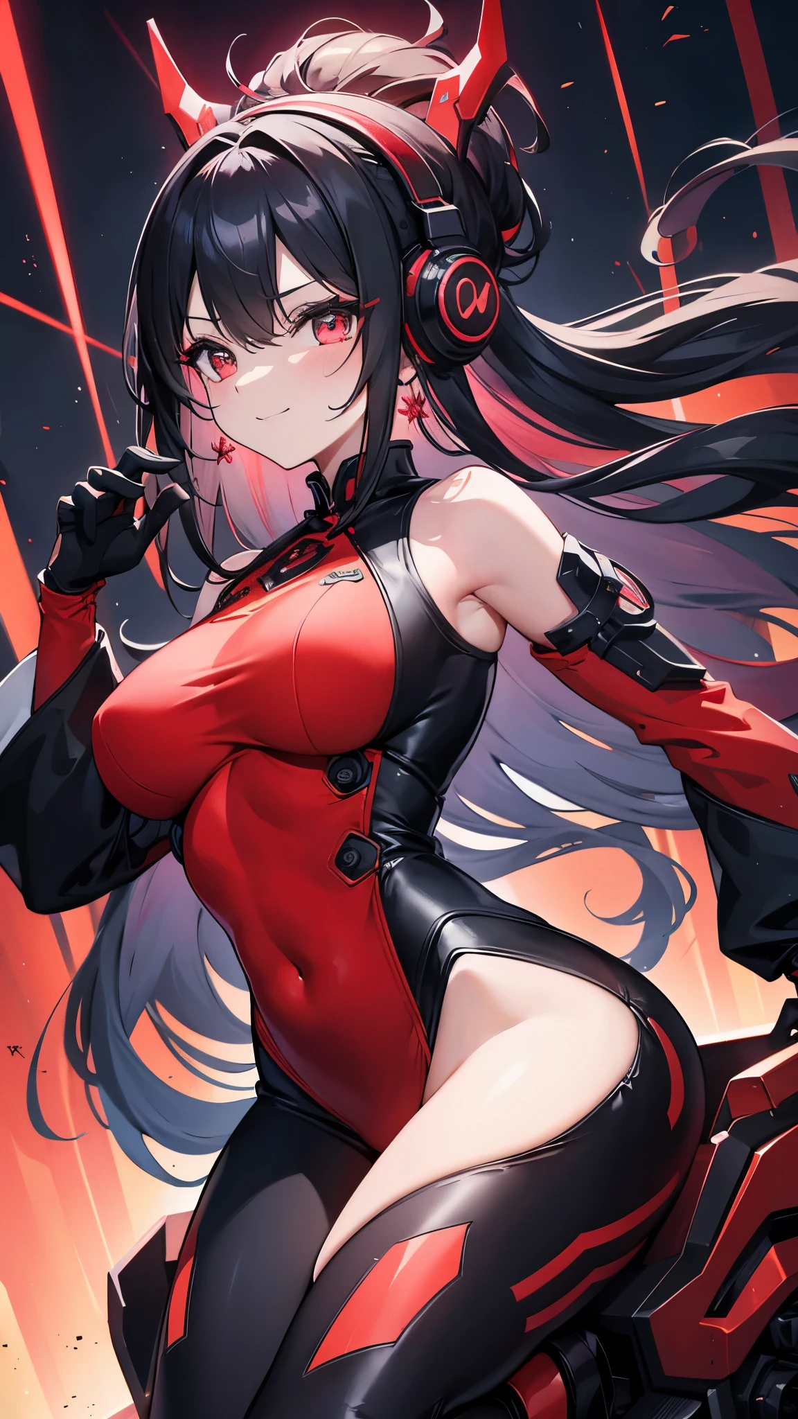 1 girl, Chinese_clothing, liquid black titanium and Red, Cyberhan, cheongsam, Cyberpunk city, Dynamic poses, Detailed glowing headphones, Glowing Hair Accessories, Long hair, Luminous Earrings, luminous necklaces, Cyberpunk, High-tech city, full of mechanical and Futuristic elements, Futuristic, technology, Neon lights, Red, Red light, Clear black tulle, Black Ribbon, laser, Digital background city sky, Big Moon, with vehicles, best quality, masterpiece, 8K, Character edge light, Ultra-high detail, high quality, The most beautiful woman in the world, smile, The face is symmetrical forward, left and right, earring, Beautiful student, Lighting Effects, Visual Data, Deep black hair, Ultra-fine facial texture, bright leather Red gloves, Elevation shooting, surreal light and shadow, Complex brushstrokes, Complex lines, Background Night
