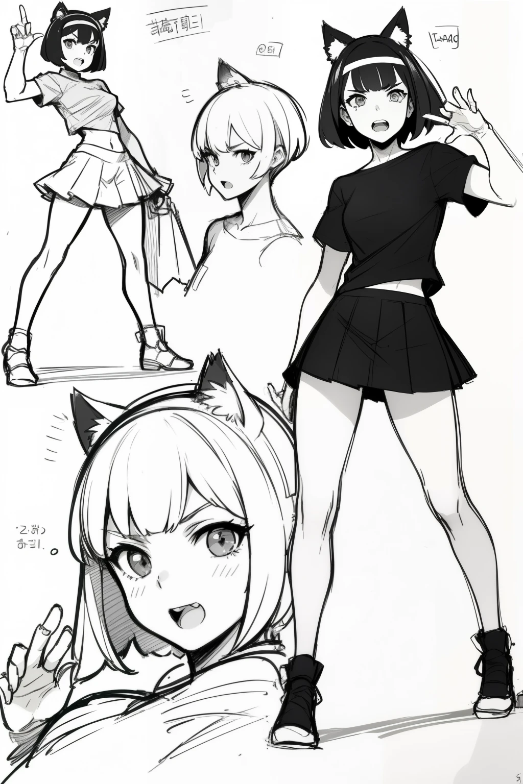 Big cat ears headband,Short T-shirt,Simple skirt ,(((Dynamic pose))),((Open mouth expression)) , ((masterpiece)),(((highest quality))),((((sketch)))),((Monochrome)),(Character design sheet), same characters, front, ~ side, return), figure, 1 girl, hair color, bangs, Short Hair, eye, Environmental change scene, Hairstyle Fax, Pose Jitai, woman, Shirt Chansey, star, Shartan Betalora, (simple returnground, white returnground: 1.3), --6