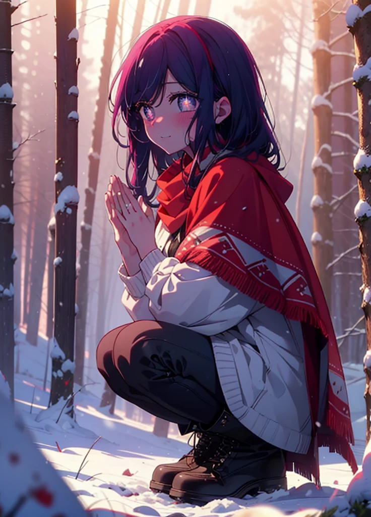 aihoshino, Ai Hoshino, Long Hair, bangs, (Purple eyes:1.1), Purple Hair, (Symbol-shaped pupil:1.5), smile,,smile,blush,white breath,
Open your mouth,snow,Ground bonfire, Outdoor, boots, snowing, From the side, wood, suitcase, Cape, Blurred, , forest, White handbag, nature,  Squat, Mouth closed, Cape, winter, Written boundary depth, Black shoes, red Cape break looking at viewer, Upper Body, whole body, break Outdoor, forest, nature, break (masterpiece:1.2), Highest quality, High resolution, unity 8k wallpaper, (shape:0.8), (Beautiful and beautiful eyes:1.6), Highly detailed face, Perfect lighting, Highly detailed CG, (Perfect hands, Perfect Anatomy),