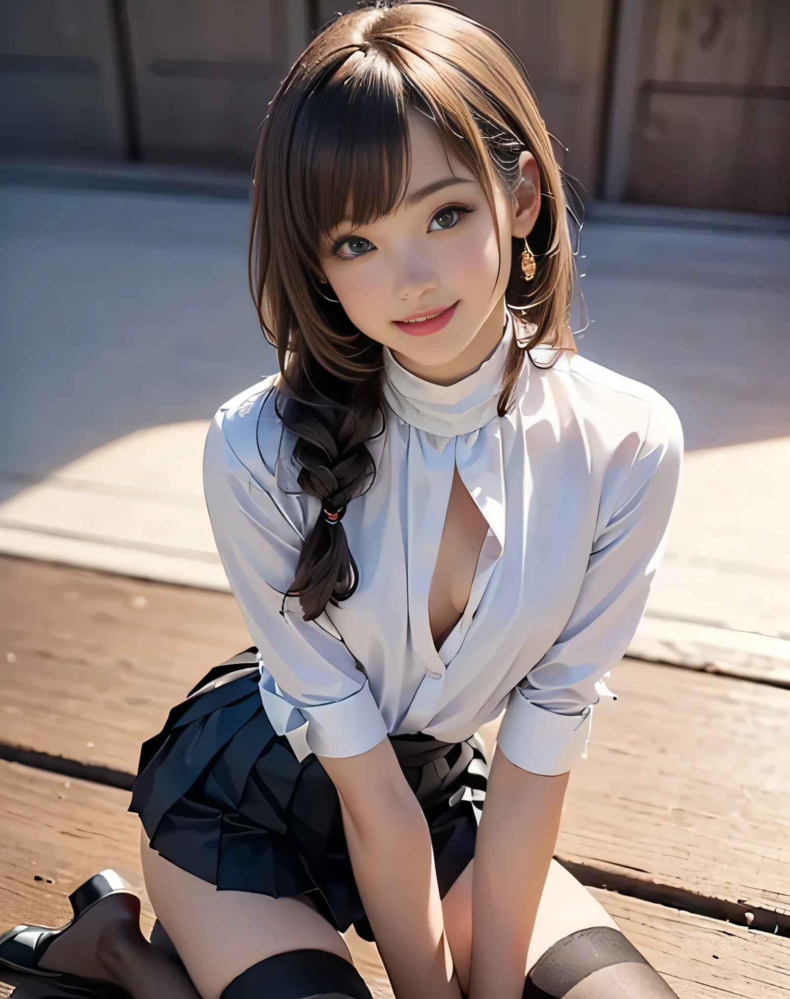 (photorealistic:1.6),(High resolution:1.6),(solo, one girl:1.5),(Beautiful Girl:1.5),(Light brown Hair:1.3),(Elegant long hairstyle:1.5),(bangs bangs),chuuChloe,(High neck shirt:1.4),(pleats skirt:1.4),(Big eyes),(looking at viewer:1.4),(Slender body:1.2),(Skinny Chest:1.5),(Flat Chest:1.5),(tight stockings:1.3),(smile:1.5),