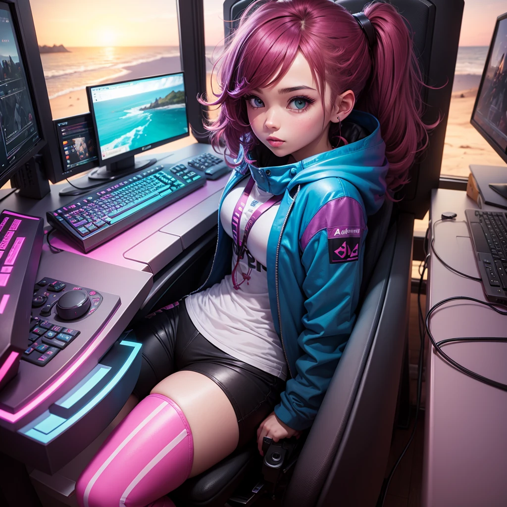 female gamer in a colorful setup , coast silhouette