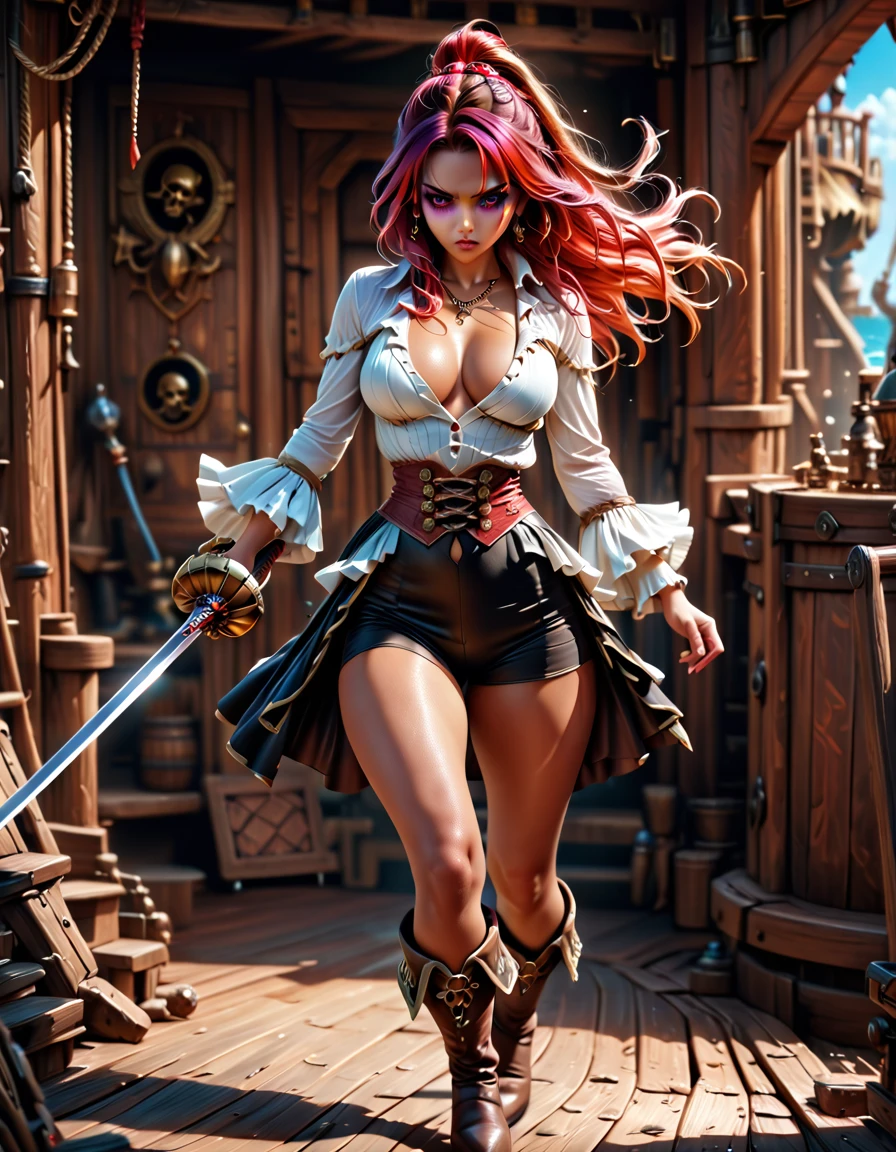 a portrait of a woman pirate holding a ((sword: 1.5)) on a pirate ship ready for battle, ((full body: 1.5)), ((anatomically correct: 1.5)), (ultra detailed face: 1.2), looking tense, looking dangerous, dynamic eye color. dynamic hair color, dynamic hair style dynamic skin complexion, wearing 18th century white button shirt, busty , wearing wearing high heeled boots, sunny day, sun rays, some clouds,18th century pirate ship background, vibrant, Ultra-high resolution, High Contrast, (masterpiece:1.5), highest quality, Best aesthetics), best details, best quality, highres, 16k, (ultra detailed: 1.5), masterpiece, best quality, (extremely detailed) RAW, (ultra details, Masterpiece, best quality), Hyperrealism style, holding sword, Intense gaze, holding sword rapier