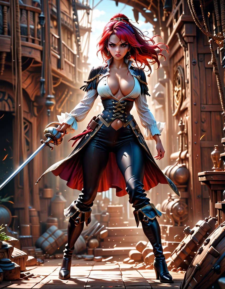 a portrait of a woman pirate holding a ((sword: 1.5)) on a pirate ship ready for battle, ((full body: 1.5)), ((anatomically correct: 1.5)), (ultra detailed face: 1.2), looking tense, looking dangerous, dynamic eye color. dynamic hair color, dynamic hair style dynamic skin complexion, wearing 18th century white button shirt, busty , wearing wearing high heeled boots, sunny day, sun rays, some clouds,18th century pirate ship background, vibrant, Ultra-high resolution, High Contrast, (masterpiece:1.5), highest quality, Best aesthetics), best details, best quality, highres, 16k, (ultra detailed: 1.5), masterpiece, best quality, (extremely detailed) RAW, (ultra details, Masterpiece, best quality), Hyperrealism style, holding sword, Intense gaze, holding sword rapier