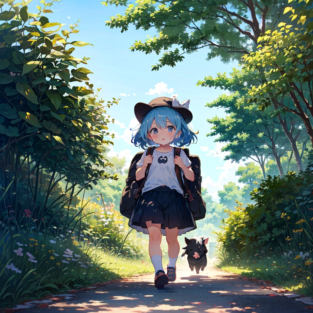 {{{Masterpiece, highest quality, high resolution background}}}, bright and beautiful atmosphere, 1 girl (5 years old, round face, baby face, young, child), small breasts, summery clothes, {{{((rural A girl walking down the street wiping her sweat))}}} carrying a heavy travel backpack
, a mini pig wearing a hat, enjoying the heat, a mini pig wearing a hat, "deltamon_sdXL :0.73) >Deltamon"