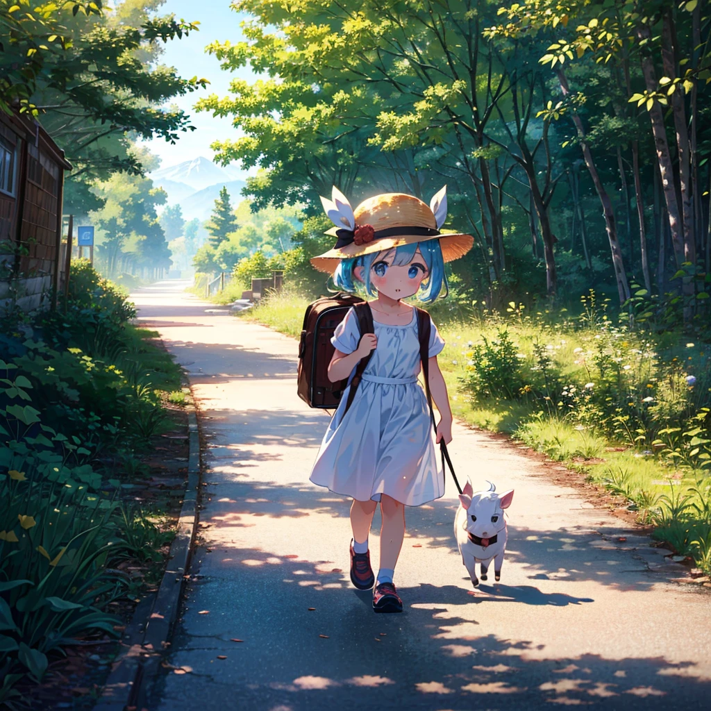 {{{Masterpiece, highest quality, high resolution background}}}, bright and beautiful atmosphere, 1 girl (5 , round face, baby facechild), small breasummery clothes, {{{((rural A girl walking down the street wiping her sweat))}}} carrying a heavy travel backpack
, a mini pig wearing a hat, enjoying the heat, a mini pig wearing a hat, "deltamon_sdXL :0.73) >Deltamon"