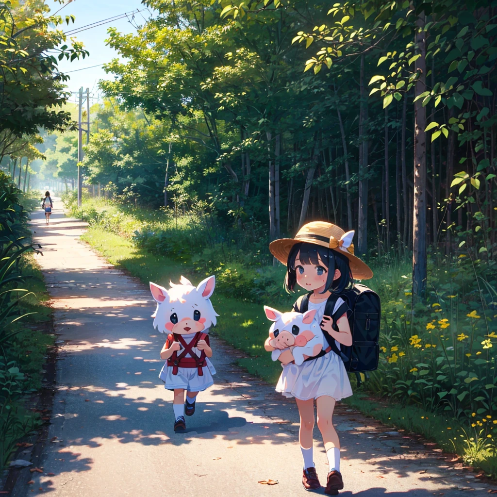 {{{Masterpiece, highest quality, high resolution background}}}, bright and beautiful atmosphere, 1 girl (5 , round face, baby facechild), small breasummery clothes, {{{((rural A girl walking down the street wiping her sweat))}}} carrying a heavy travel backpack
, a mini pig wearing a hat, enjoying the heat, a mini pig wearing a hat, "deltamon_sdXL :0.73) >Deltamon"